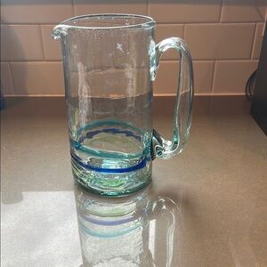 Mexican Glass Pitcher with Blue/Green/Turq Swirl Accents
